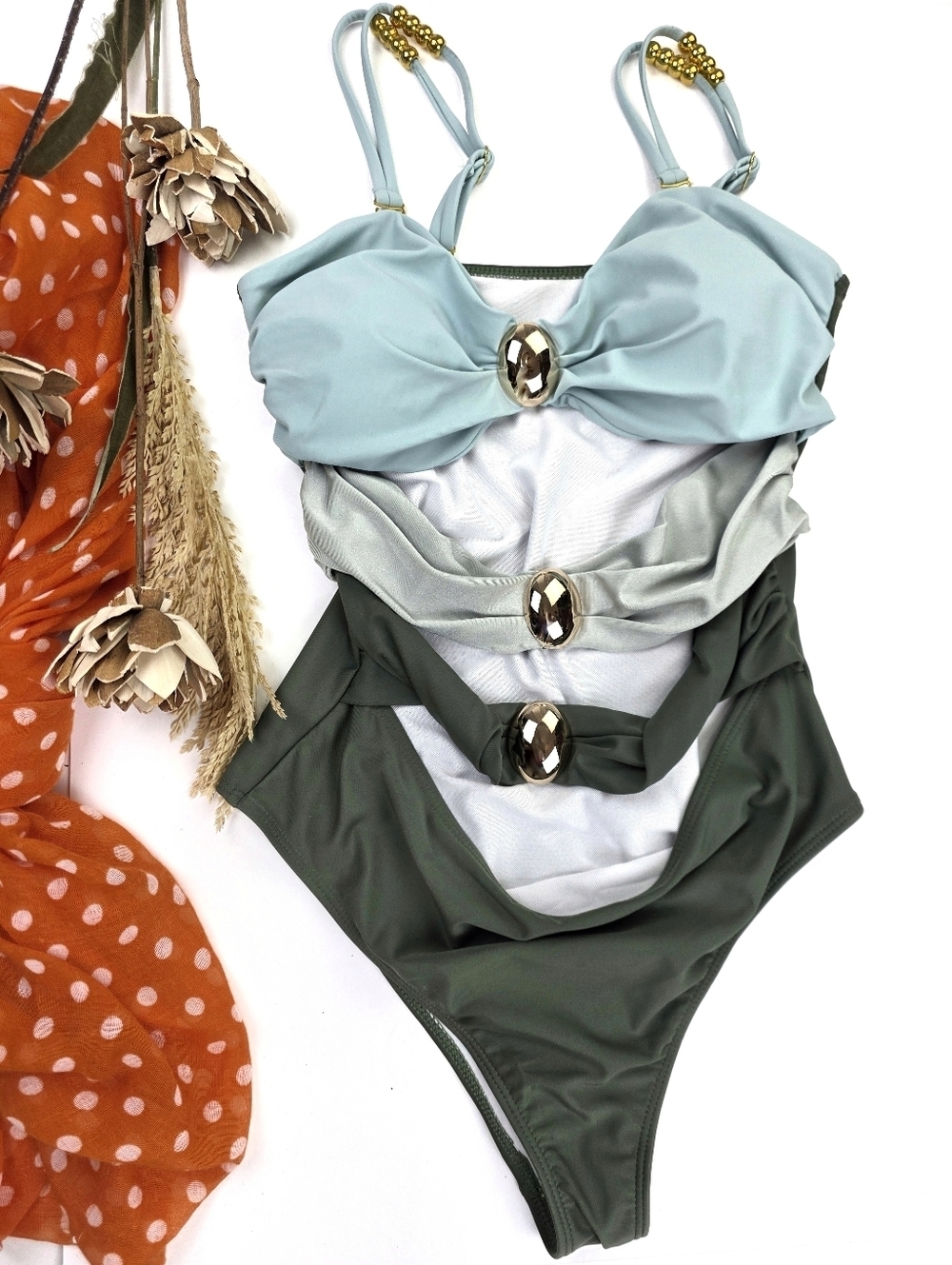 Stacked One-Piece Swimsuits with Gem Accents - Sage, Mint, Olive Sz L - Picture 2 of 16